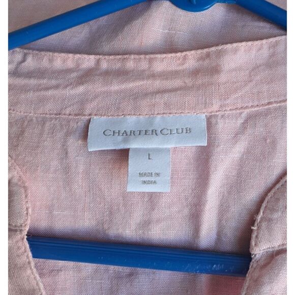 Charter Club Women Large Light Pink TAB SLEEVE 100% linen Shirt Top Shortsleeve - Picture 5 of 8
